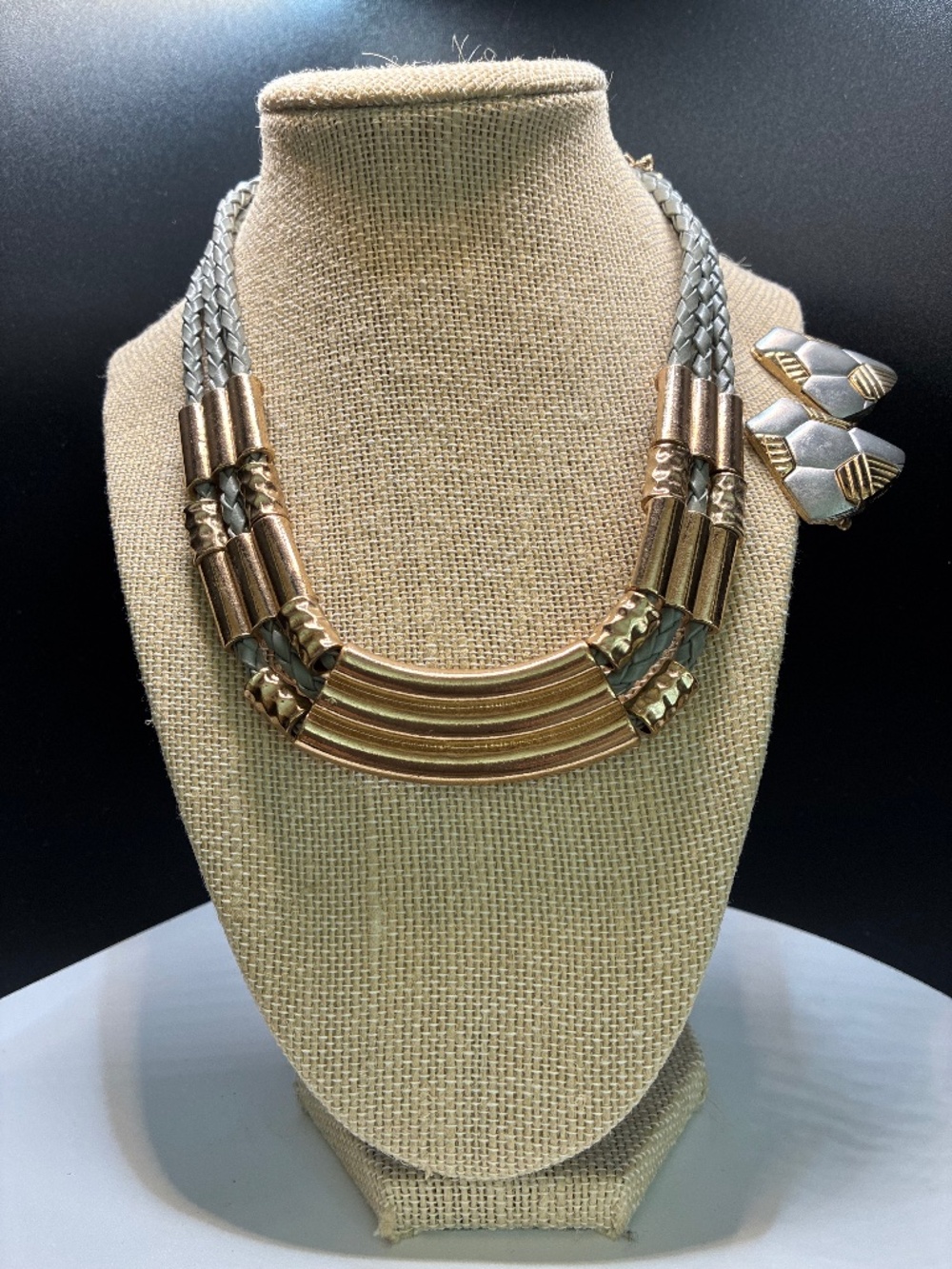 Modernist Multi-strand braided leather necklace  set with metallic accents